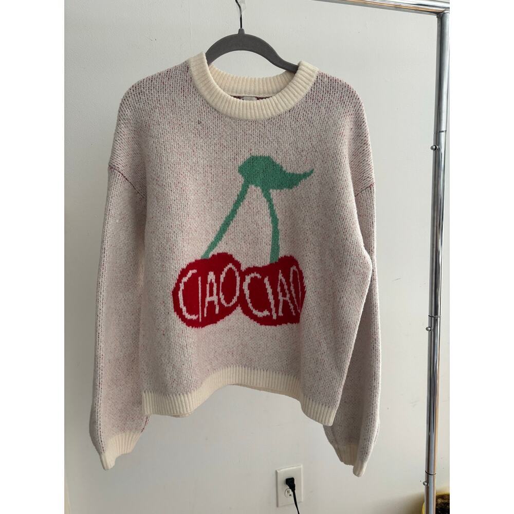 A New Day Cherry Graphic Sweater Women’s Medium Cream Knit Pullover Cozy Cute - Picture 3 of 12
